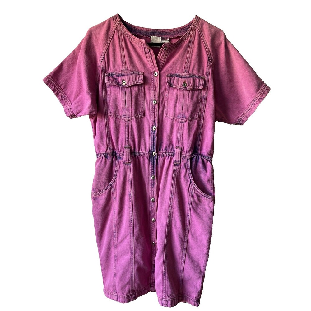 Styleworks Pink Denim Short Sleeve Shirt Dress Button Pocket Belted Size 6